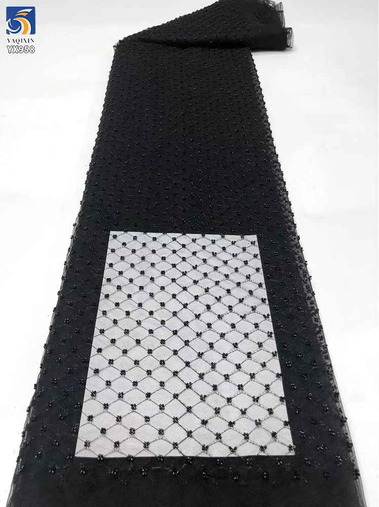 YX958 Checkered Small Plaid Bead Tube Embroidery Lace Fabric Cheap Plaid Beads Mesh Tulle Lace Fabric for Woman Dresses - 图片 4