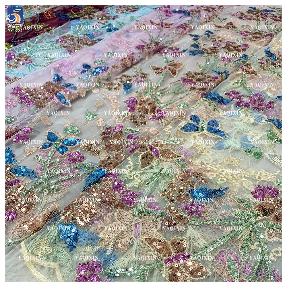 YX1224 African Colorful Sequins Embroidered Lace Fabric Hot Sales Popular Chinese Designer Floral Lace Sequin Fabric Textiles - 图片 6