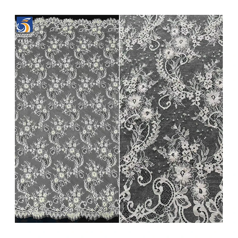 YX917 Heavy Embroidery 3D Rose Flowers Water-Soluble Lace Fabric Wedding White Eyelash Lace Fabric With 3D Pearl Sequins - 图片 6