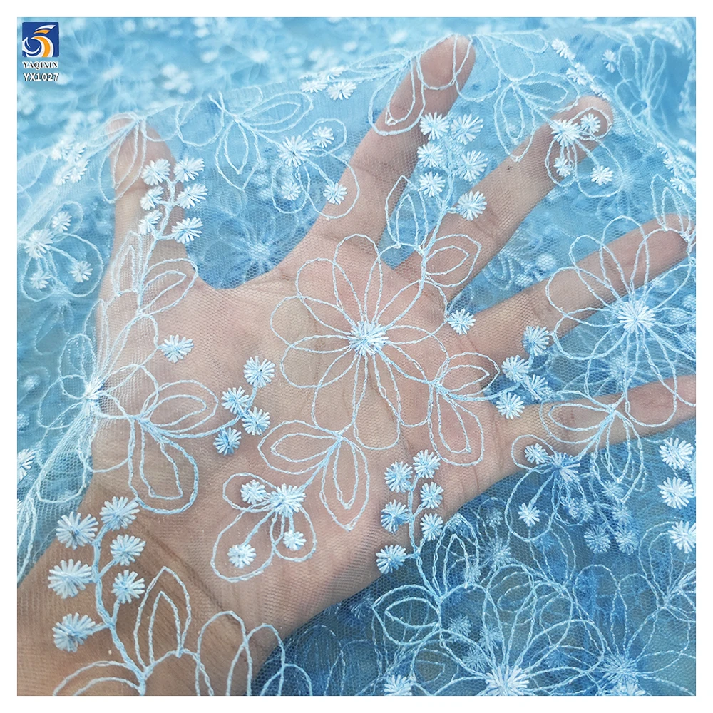 YX1027 Custom Embroidery Cheap Fabrics Tulle Textiles Lightweight Breathable Polyester Mesh Embroidered Fabric Flowers Knit - 图片 3