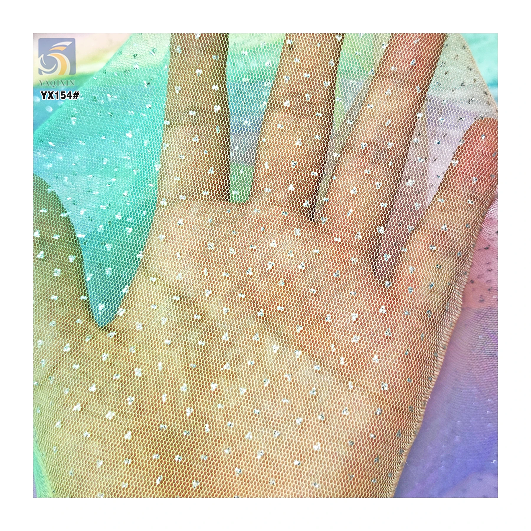 YX154 Pastel Rainbow Colour Stripe Gradient Fabric Mesh Ombre 100% Polyester Tulle Rainbow Fabric With Glitter Dust - 图片 3