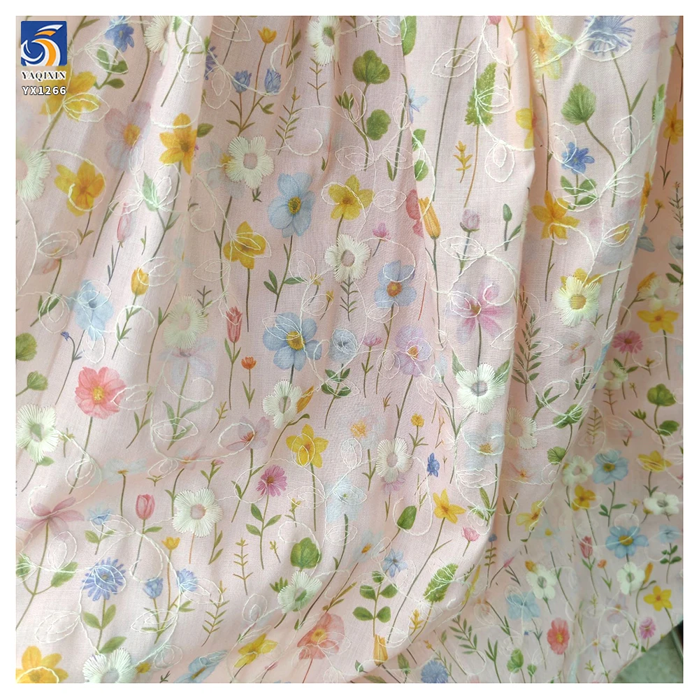 YX1266 2026 100% Polyester Pastoral Style Fresh Dress TC Floral Print & Embroidery Fabric Chiffon Florals Fabric for Garment - 图片 6