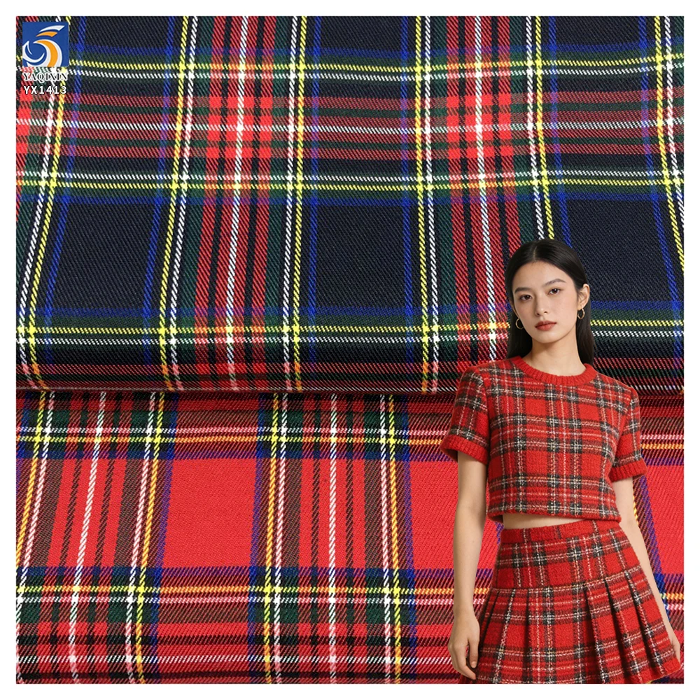 YX1413 China Good Quality Woven TR Suit Fabric Cotton Polyester Red Plaid Yarn Dyed Fabric for Pleated Skirt Dress