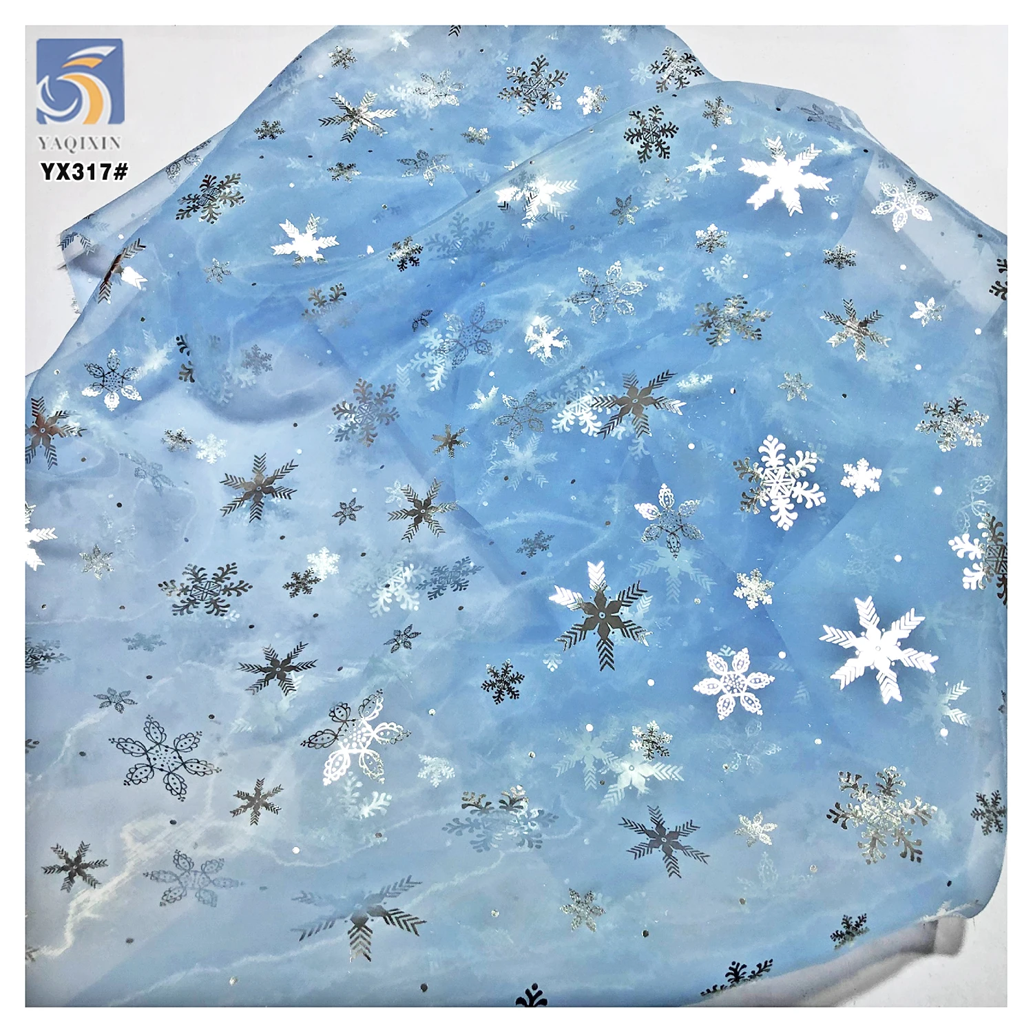 YX317 Frozen Elsa Princess Baby Dress Hot Stamping Printed Organza Snowflake Fabric Knitted Organza Polyester Cartoon Style - 图片 3