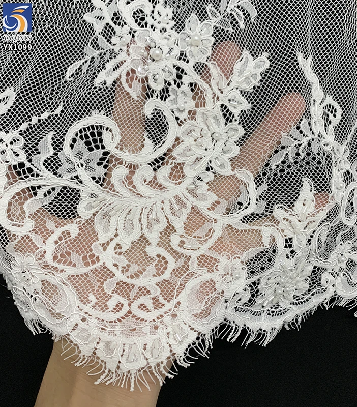 YX1099 Popular High Quality 3D Pearls Heavy Beaded Nigerian Lace Fabric 2026 Eyelash Lace Fabrics for White Nigerian Wedding - 图片 6