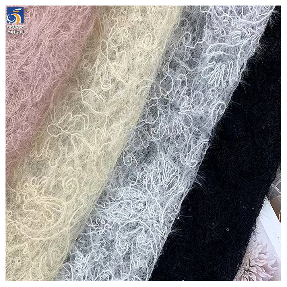 YX1231 Cheap Brushed Tassel Wool Embroidered Mesh Lace Fabric With Sequins Custom Embroidery Clothing Mesh Fabric - 图片 6