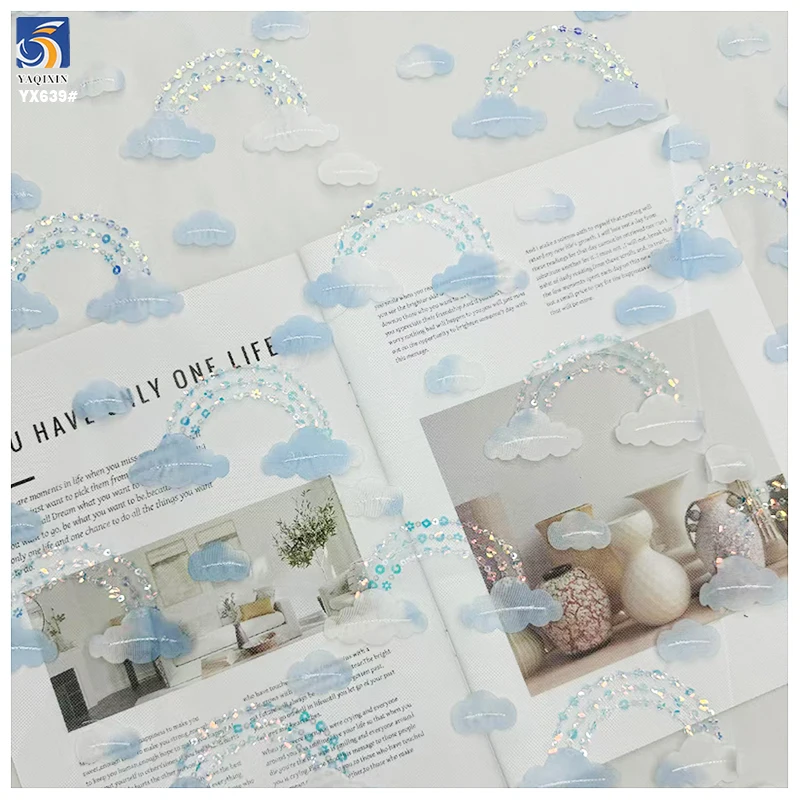YX639 3D Embroidered Love Heart and Rainbow Bridge Sequined Tulle Fabric for Children's Clothing Valentine's Day Fabric - 图片 5