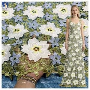 YX1256 2026 Pastoral Style Florals and Leaves Embroidered Fabric for Tablecloths Water Soluble Floral Lace Embroidery Fabric