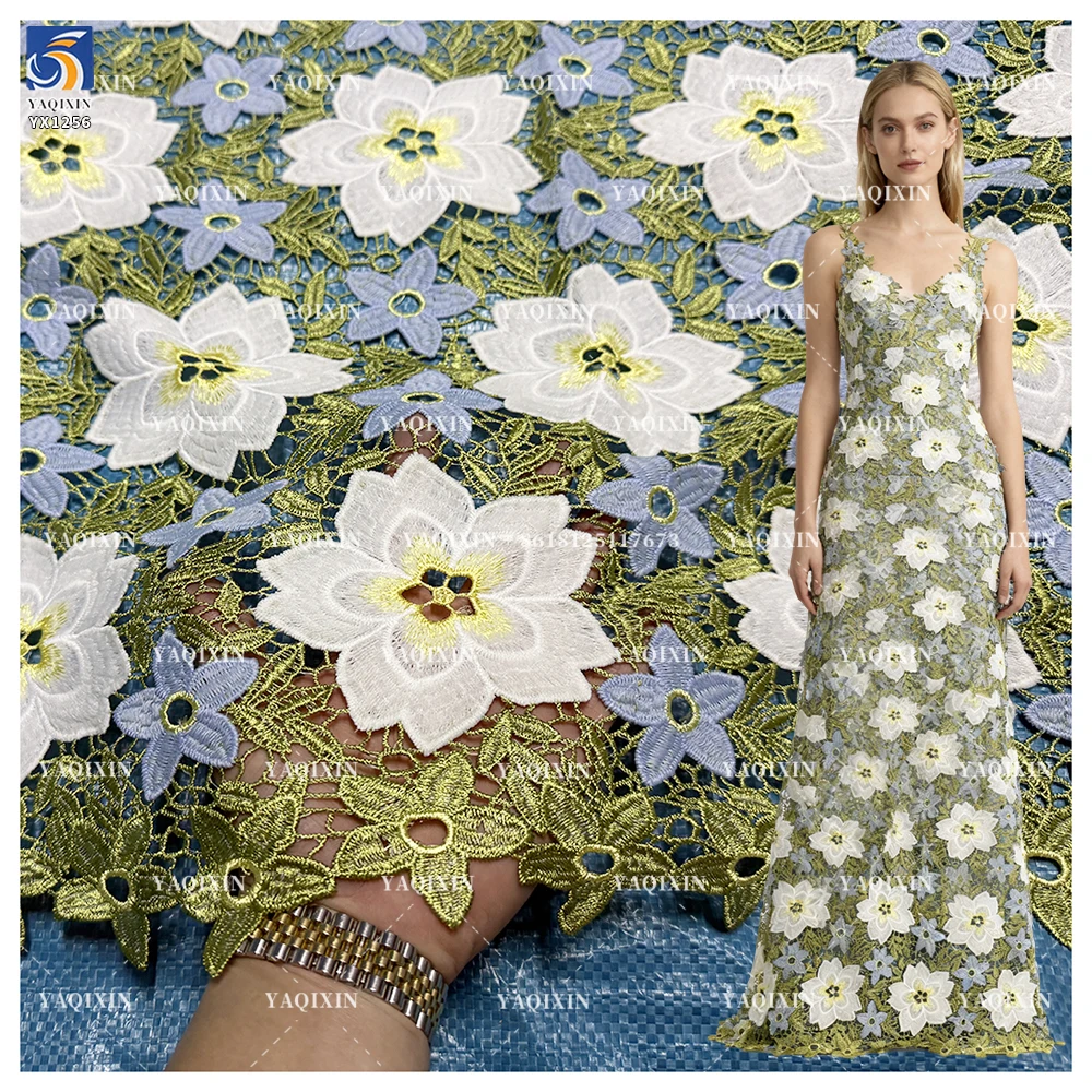 YX1256 2026 Pastoral Style Florals and Leaves Embroidered Fabric for Tablecloths Water Soluble Floral Lace Embroidery Fabric