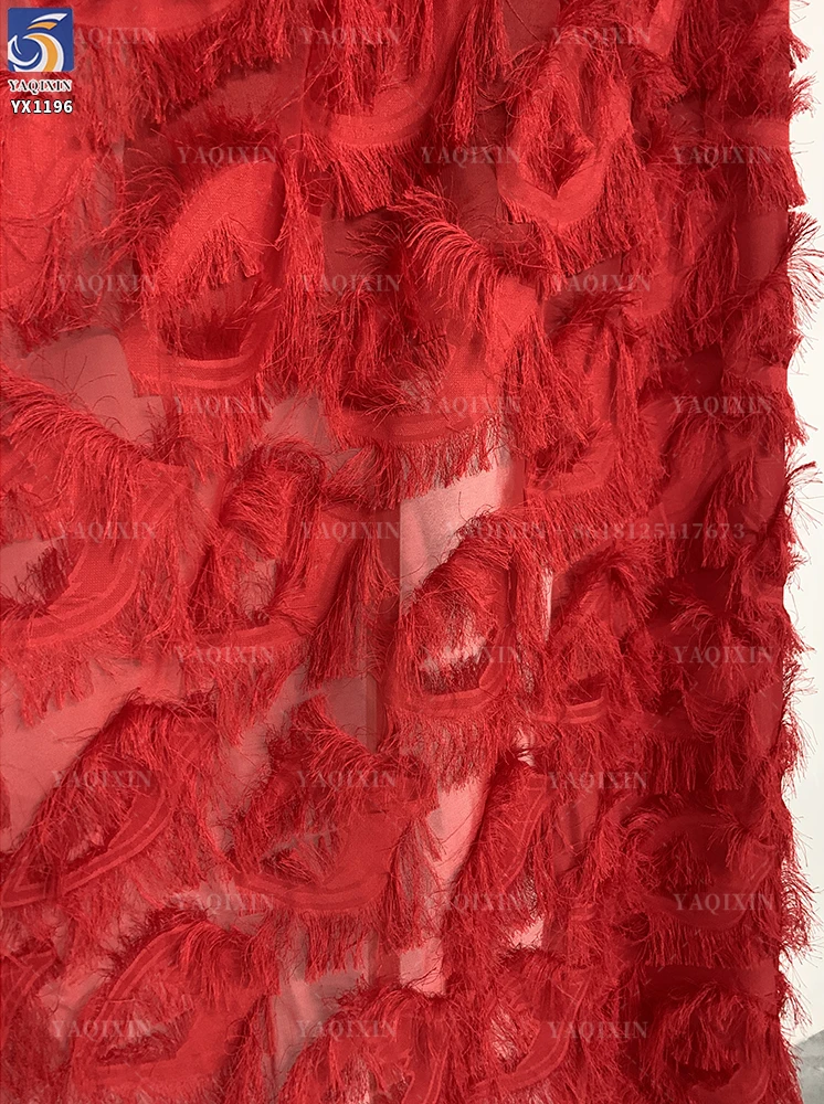 YX1196 High Quality White and Red Feather Designer Jacquard Fabric 130gsm Woven Jacquard Chiffon Fabric for Tassel Dresses - 图片 6