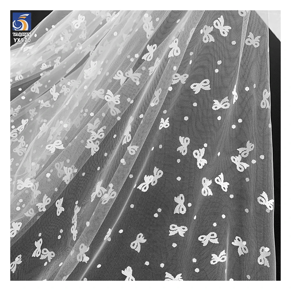 YX970 Plain White Soft Mesh Bow Print Tulle Fabric Festive White Polyester Valentine's Day Romantic Polka Dots Fabric Textile - 图片 2