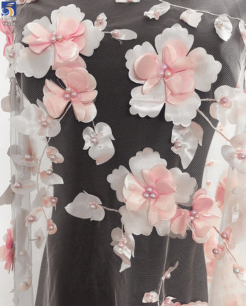YX218 Hot Selling Wholesale Price Pearl Embroidery Handmade 3D Flower Fabric Polyester Mesh Dress Fabric - 图片 4