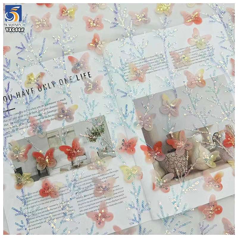YX644 New Trends Multicolor Poly Gradient Butterfly Glitter Sequin Mesh Tulle Fabric 3D Butterfly Dress Fabric - 图片 4