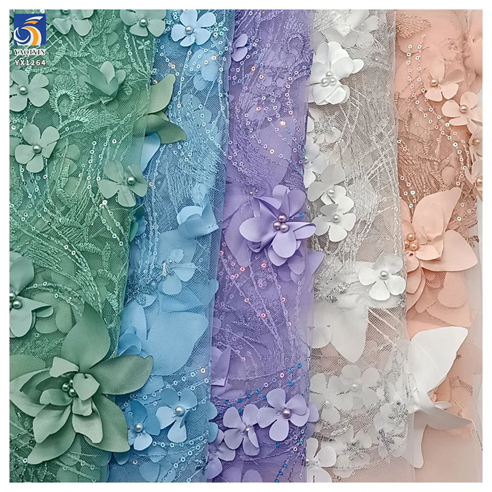 YX1264 Latest Design in China Pearl 3D Embroidery Lavender Purple Fabric 5 Yards Purple Flowers Mesh Fabric With Sequins - 图片 2