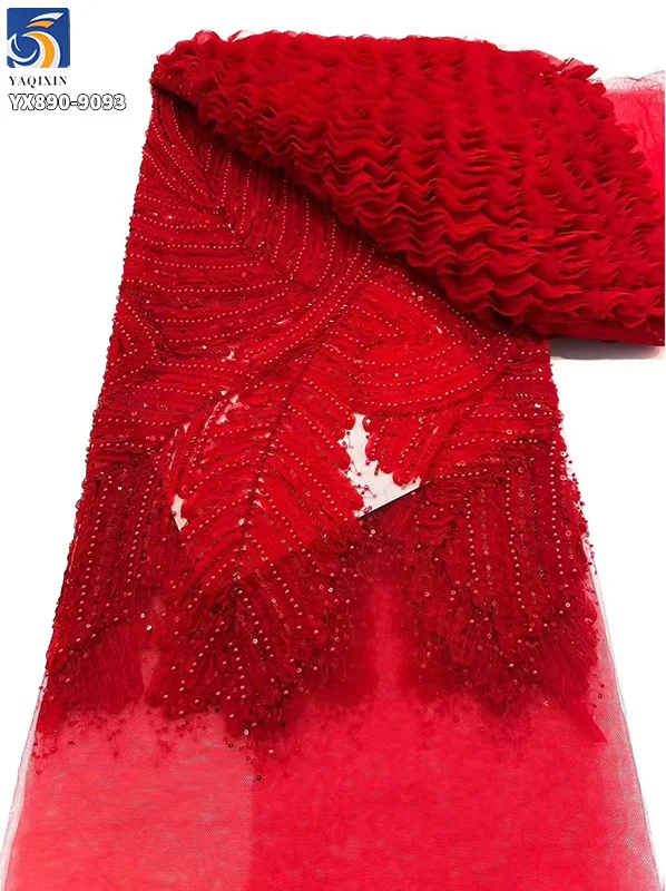 Hot Selling Elegant Sky Blue Mesh 3D Pleated Lace Fabric Handmade Beads French Lace Sequins Fabric for Wedding Party - 图片 6