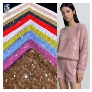 YX1421 High Quality Knit Blend Yarn Polyester Feather Jacquard Fabric With Sequins Winter Thick Fashion Fabric for Woman