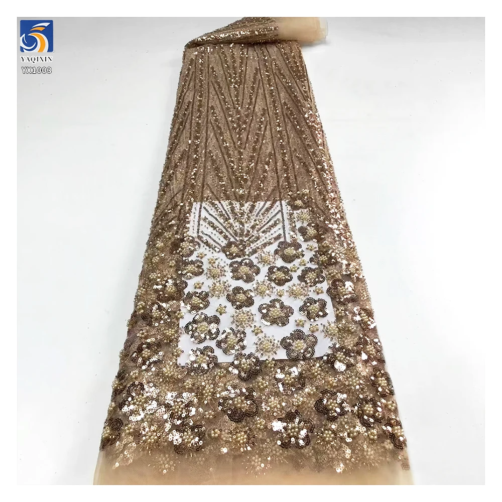 YX2494 Reasonable Price Indian African Wine Red Sequined Lace Fabric With Beads and Sequin Embroidery Lace Fabric Per Meter - 图片 4