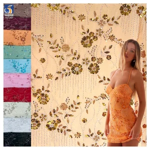 YX1297 260gsm Stretch Knitted Mesh Sequin Fabric With Beaded Embroidery Rose Gold Sequins Lace Fabric for High-end Bag Skirt