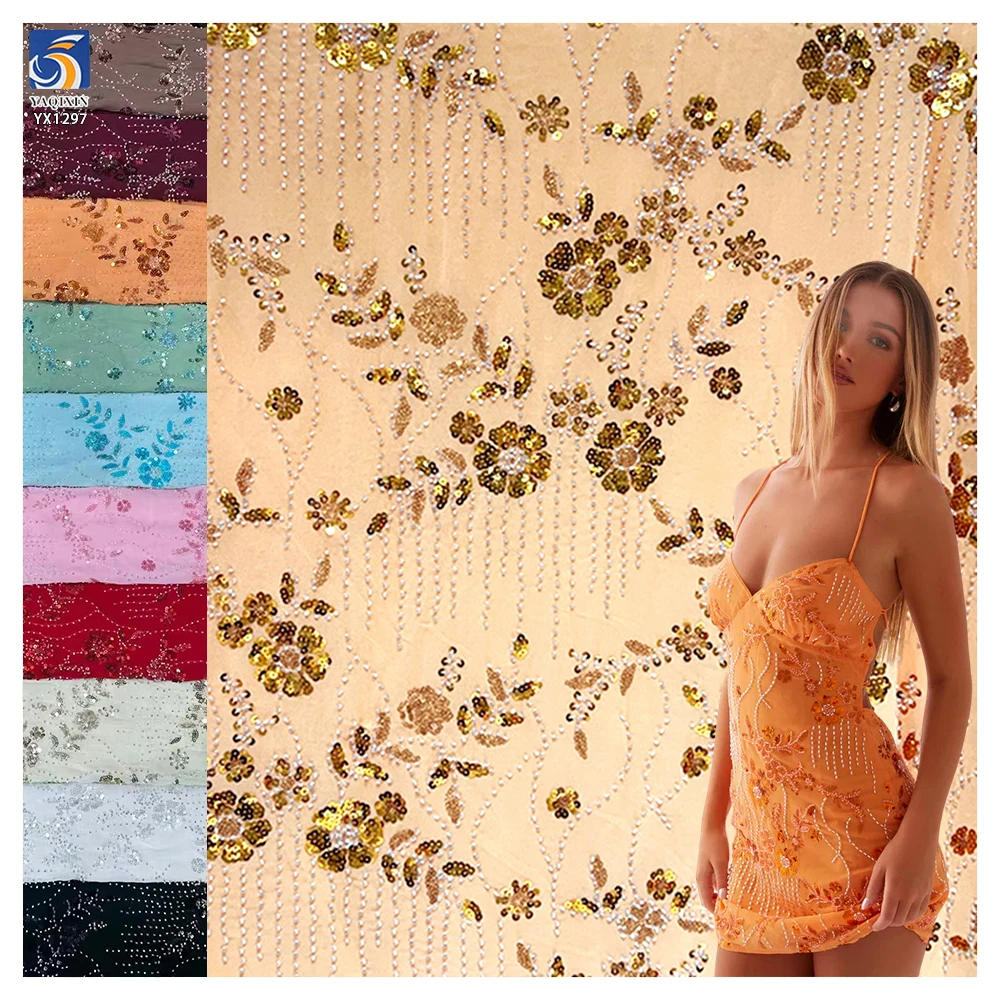 YX1297 260gsm Stretch Knitted Mesh Sequin Fabric With Beaded Embroidery Rose Gold Sequins Lace Fabric for High-end Bag Skirt