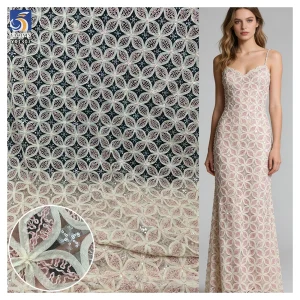 YX1307 High Quality Light Pink Swiss Rope Embroidered Mesh Lace Fabric With Sequins Embroidery Mesh Fabric for Women Dress