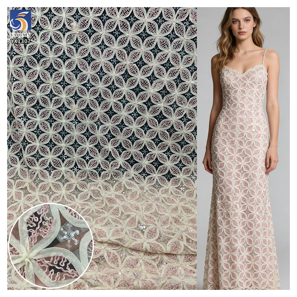 YX1307 High Quality Light Pink Swiss Rope Embroidered Mesh Lace Fabric With Sequins Embroidery Mesh Fabric for Women Dress