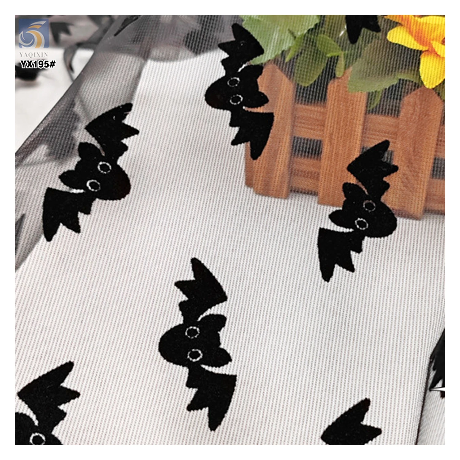 YX195 Custom Stage Costume Cartoon Flocking Tulle Fabric Mesh Black Bat Halloween Festival Polyester Fabric - 图片 4