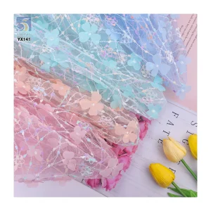Cheap Embroidery Tulle New 3D Flower Lace Fabric Soft 3D Tulle Lace Flower Mesh Laser Embroidered Fabric