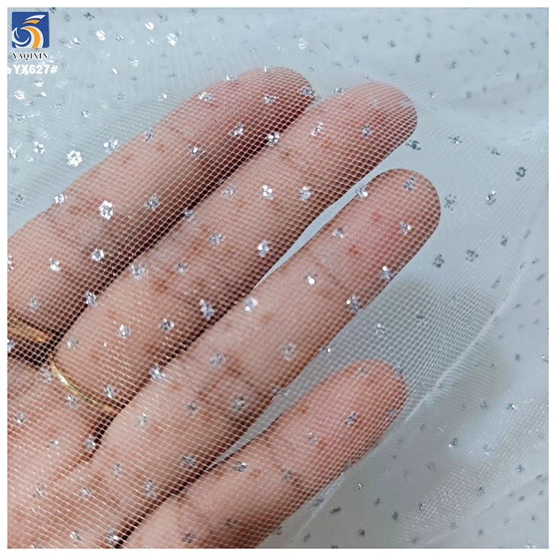 YX627 Non-Falling Silver Sparkle Glitter Wedding Dress Fabric 100% Nylon Glitter Tulle Mesh Fabric for Bride - 图片 3