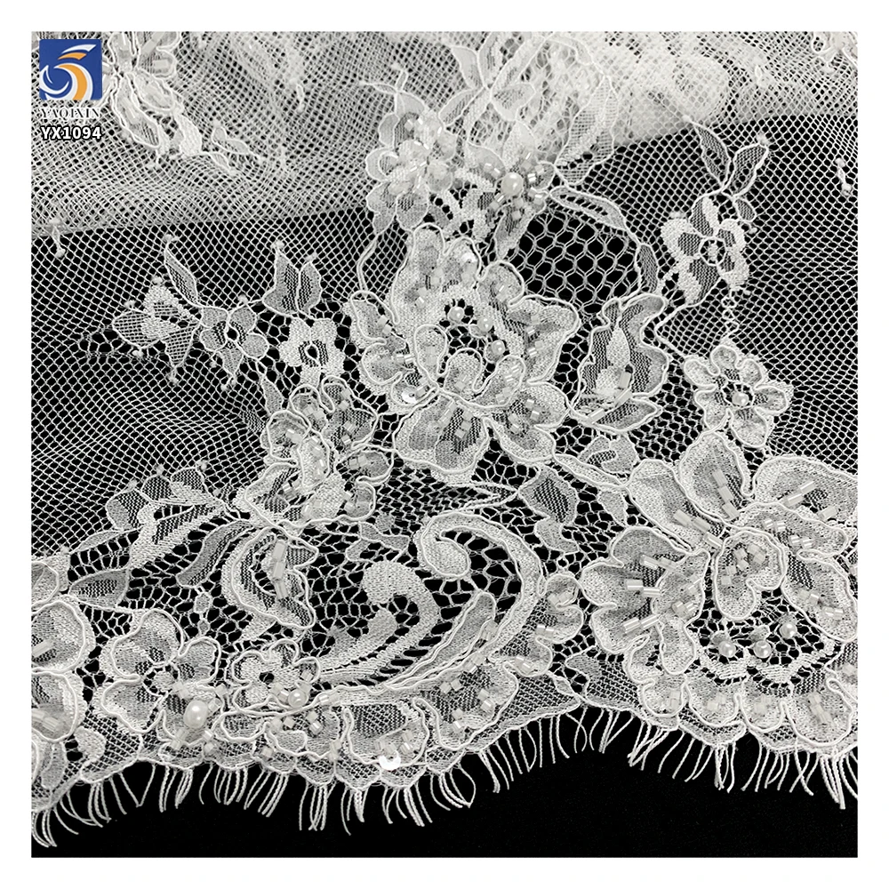 YX1094 High-End Handmade Bone Sewing Eyelash Lace Fabric Heavy Beads Pearls Embroidery Wedding Nigerian Eyelash Lace Fabric - 图片 4
