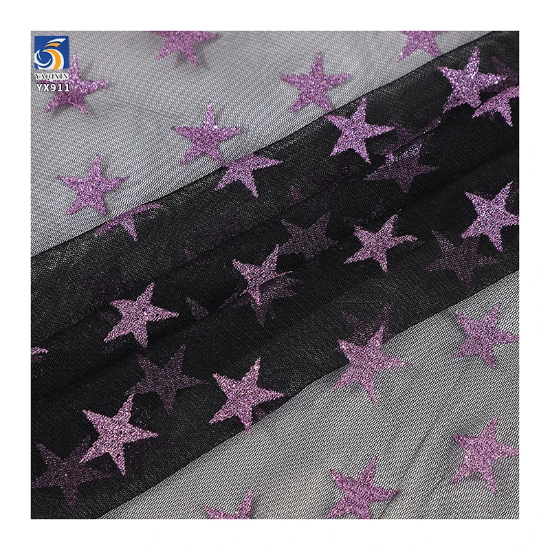 YX911 2026 Festive Halloween Purple Five-Pointed Star Halloween Stretch Mesh Fabric Black Stretch Tulle Fabric With Purple Stars - 图片 3