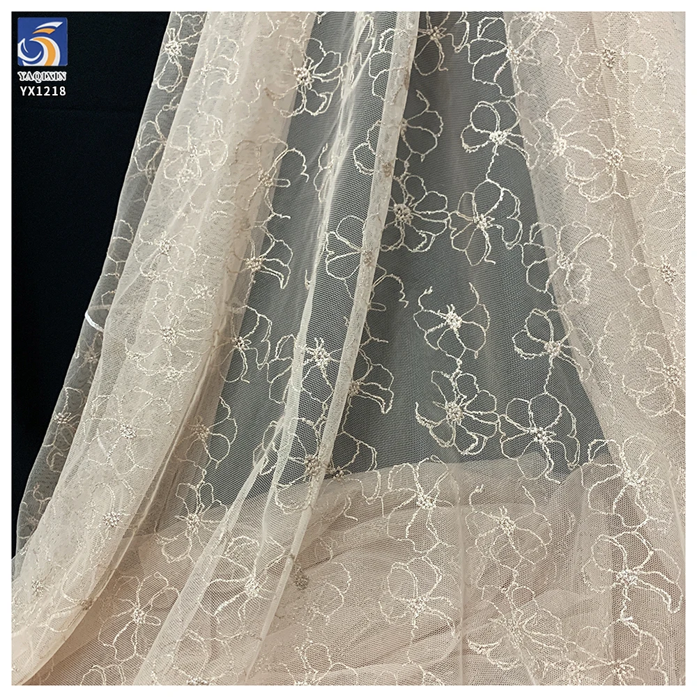 YX1218 Newly Launched Full-Width Gold Thread Polyester Flowers Embroidery Women's Dress Soft Mesh Fabric Embroidered - 图片 5