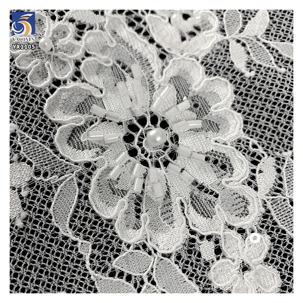 YX1105 African Elegant Wedding Lace Fabric Textile White Flower Embroidery Bead Tube Pearl 3D Eyelashes Lace Fabric Customized - 图片 2