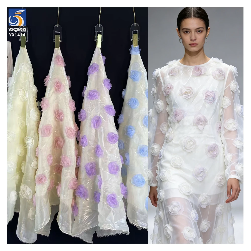 YX1414 150gsm Summer 2026 Dress Liquid Organza Rose Flower 3D Embroidery Fabric for 1 Yard