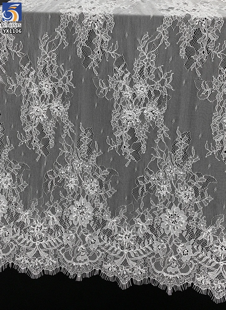 YX1106 Luxurious Saudi Dubai Lace Fabric 15 Yards 3D Floral Pearls Embroidered Wedding Eyelash Mesh Net Lace Fabric White - 图片 3