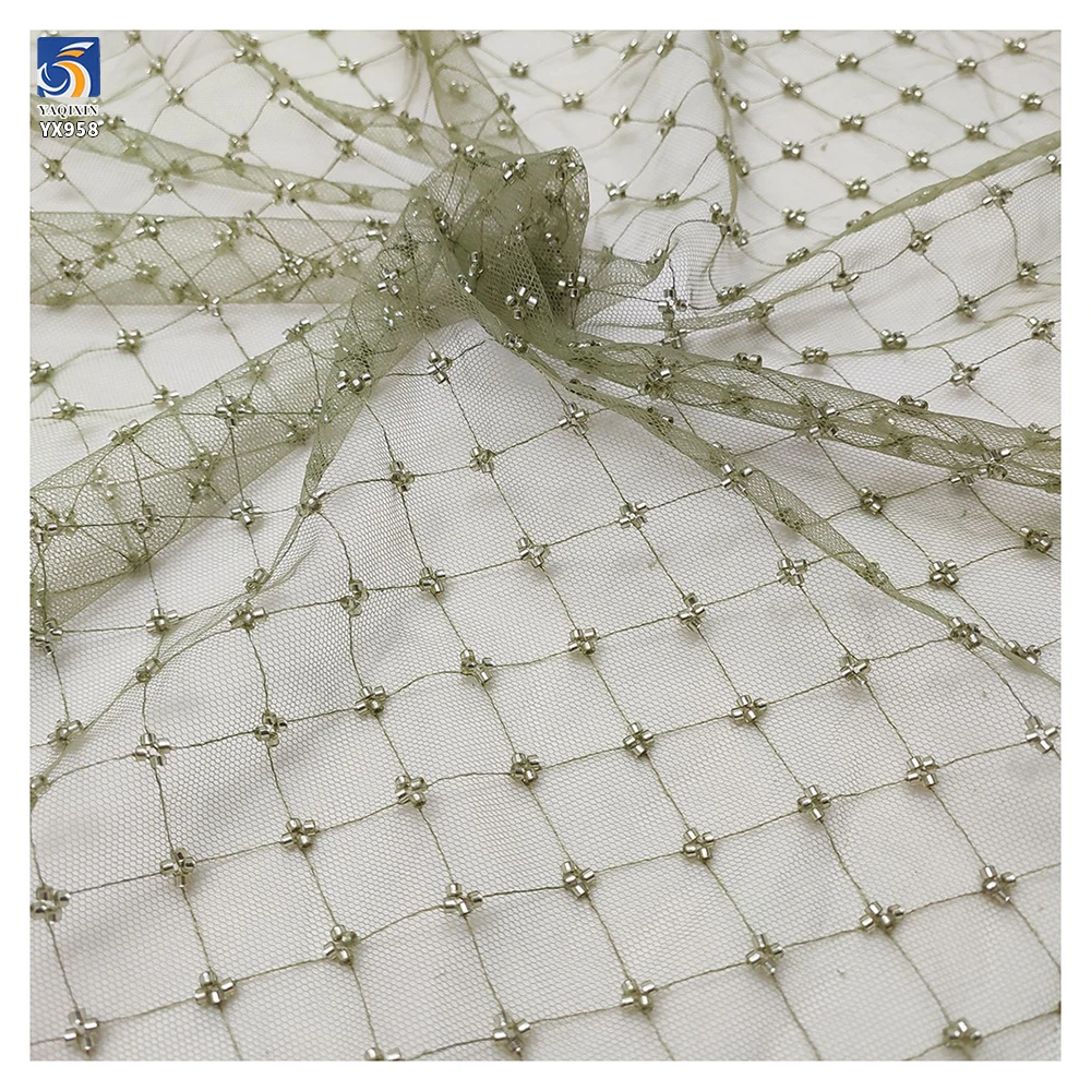 YX958 Checkered Small Plaid Bead Tube Embroidery Lace Fabric Cheap Plaid Beads Mesh Tulle Lace Fabric for Woman Dresses - 图片 3