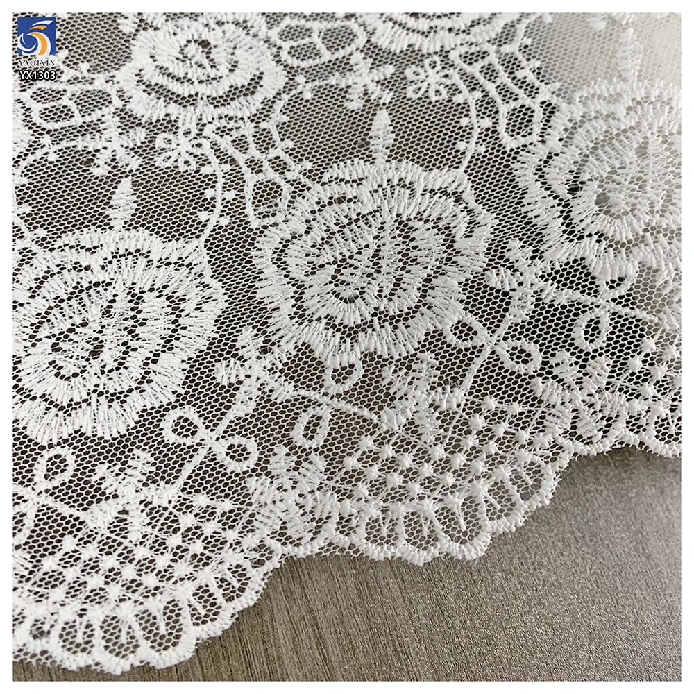 YX1303 Chinese Suppliers Cheap Mesh Embroidery Floral Print Water-Soluble Embroidered Lace Fabric White Sales for 15 Yards - 图片 4