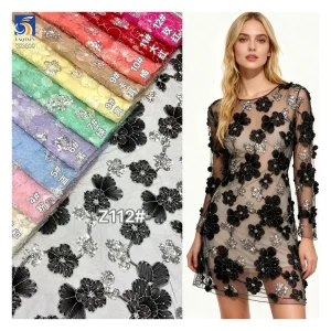 YX1123 New Fashion Style European Tulle Fabric Lightweight 3D Florals Embroidery Mesh Women's Skirt Fabric With Pearls Sequins