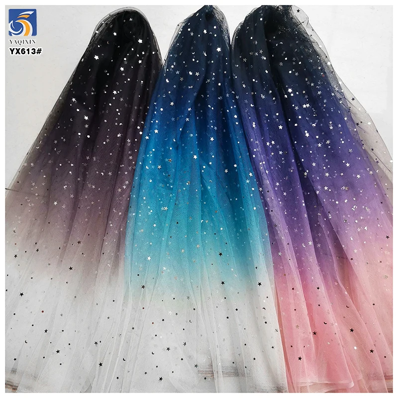 YX613 Beautiful Dark Purple Polyester Ombre Gradient Sequin Princess Skirt Tulle Fabric With Star Sequins - 图片 2