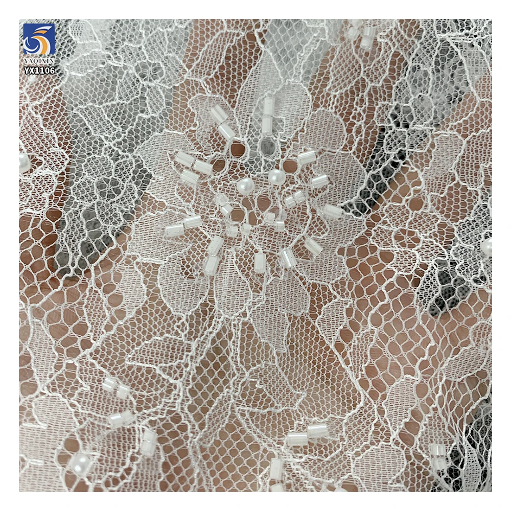 YX1106 Luxurious Saudi Dubai Lace Fabric 15 Yards 3D Floral Pearls Embroidered Wedding Eyelash Mesh Net Lace Fabric White - 图片 2