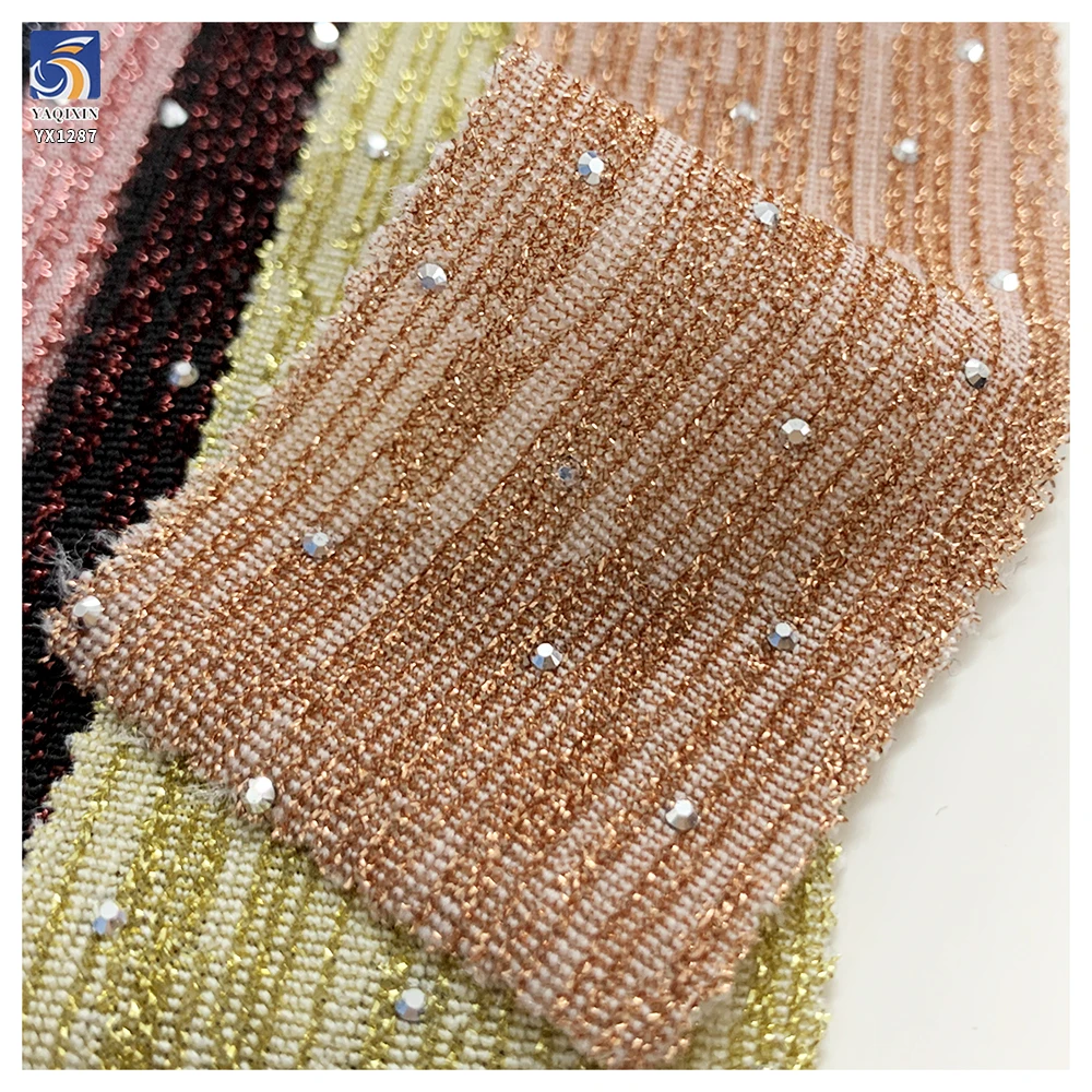YX1287 180gsm 2 Yards 100 Polyester Gold Thread Lurex Jacquard Fabric With Silver 3D Diamonds Clothing Woman Fabric - 图片 3