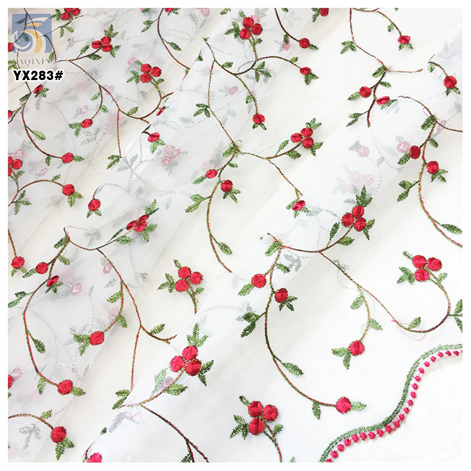 YX283 New Arrivals 2025 Design Polyester Swiss Voile Tulle Lace Red Floral Embroidery 3D Fabric for Dress - 图片 3