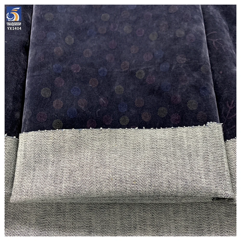 YX1404 New Design Fashion Denim Fabric 2026 10oz Stretch Polka Dot Flocked Denim Fabric for Women's Pants - 图片 2