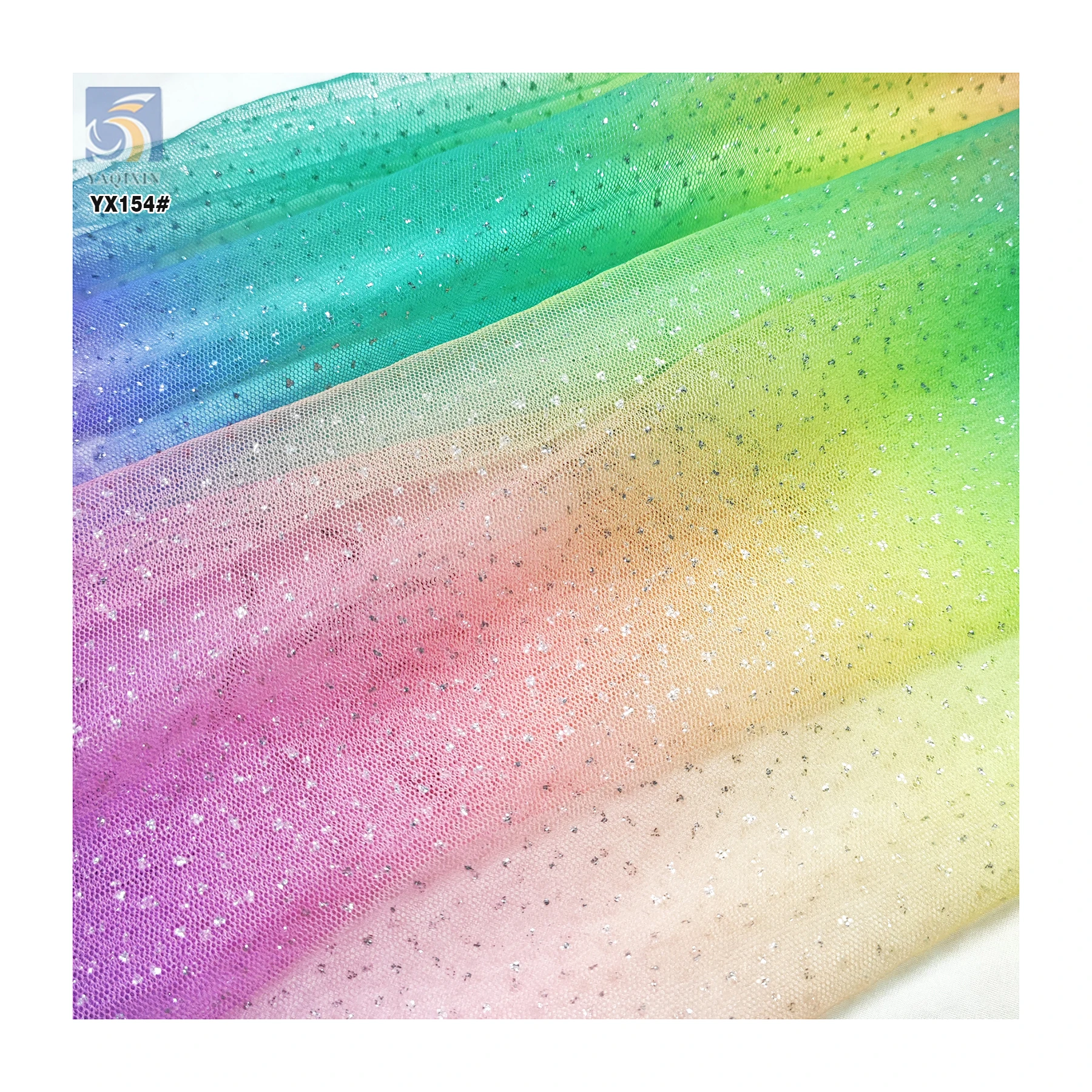 YX154 Pastel Rainbow Colour Stripe Gradient Fabric Mesh Ombre 100% Polyester Tulle Rainbow Fabric With Glitter Dust - 图片 4