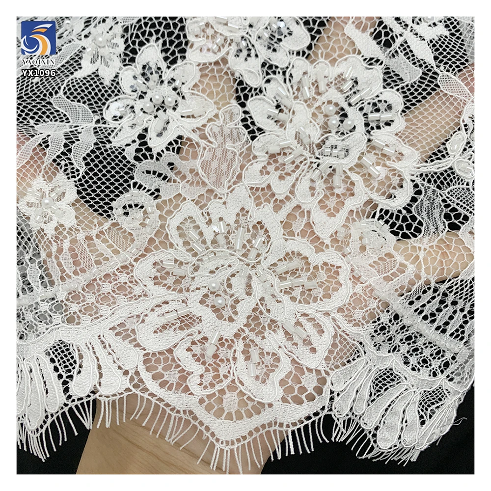 YX1096 Heavyweight White Mesh Bridal Wedding Dress Lace Fabric Pearls Woven Embroidery Italian Net Eyelash Lace Fabrics - 图片 5