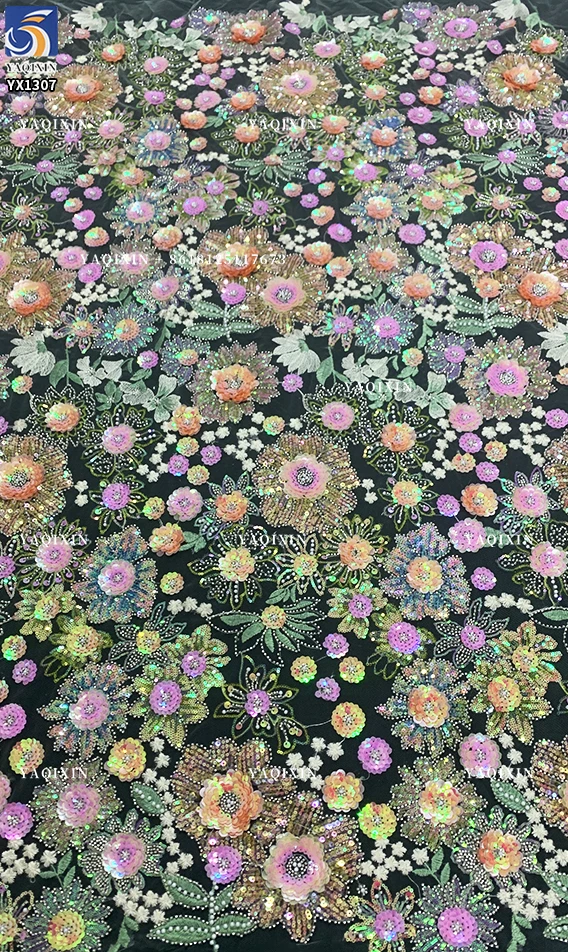 YX1226# New Product Launch 3D Flower Pattern Sequin Embroidery Colorful Mesh Fabric DIY Handmade Sequin Lace Fabric Textile - 图片 2