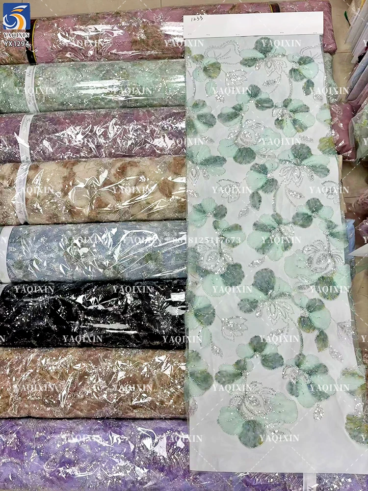 YX1294-3 400g Chinese Manufacturers Design High-End Sequin Knit Lace Fabrics for Cheongsam Sequin Glitter Lace Fabric China - 图片 6