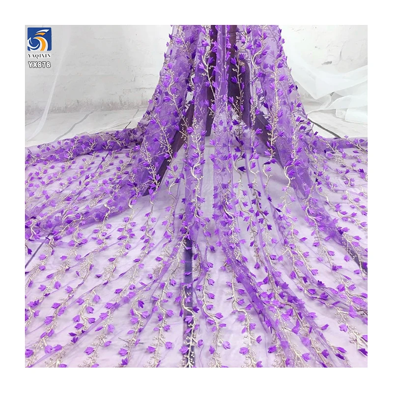 YX878 North American Customized Dark Purple Flowers Embroidery Fabric Purple Florals Tulle Mesh Fabric for Girls - 图片 4