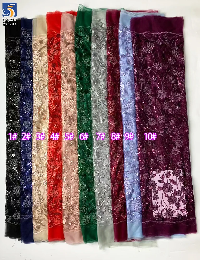 YX1292 Tulle Purple Mexican Lace Fabric With Flash Sequins Embroidery Florals Tulle High-Class Dress Fabric for Mexican Beauties - 图片 6