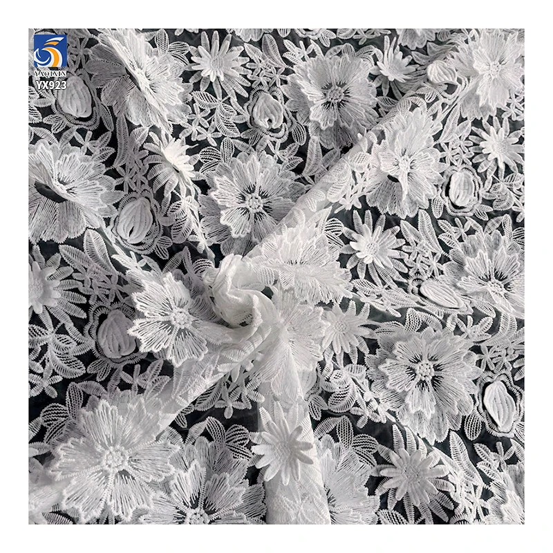 YX923 New Arrivals Applique Full-Length Embroidery Lace Fabrics Polyester 3D Flowers Water Soluble White Lace Fabric - 图片 3