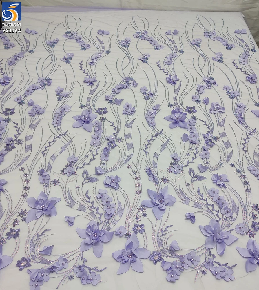 YX1264 Latest Design in China Pearl 3D Embroidery Lavender Purple Fabric 5 Yards Purple Flowers Mesh Fabric With Sequins - 图片 5